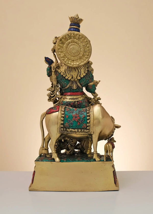 Handmade Brass Sculpture of Krishna Playing the Flute with His Cow 23 inches Study Setting