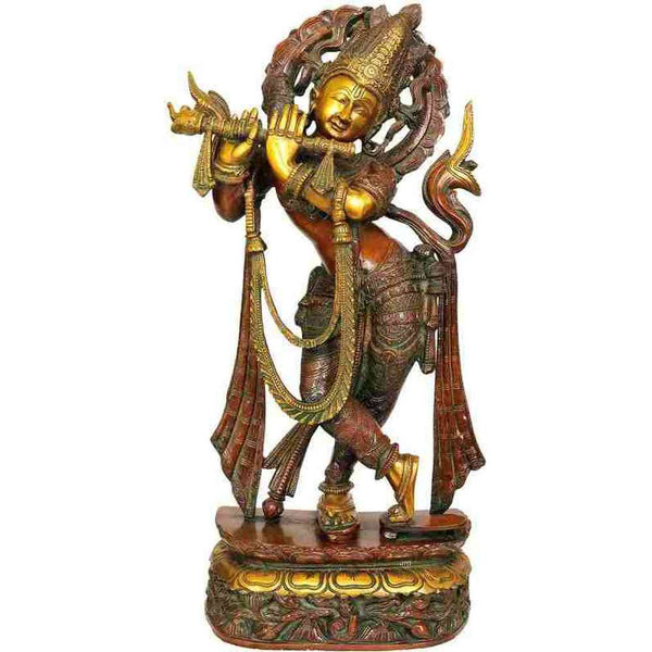 Handmade Double Chala Brass Statue of Venugopala (Flute-Playing Krishna) Wearing Khadau 22 INCHES Mandir Setting