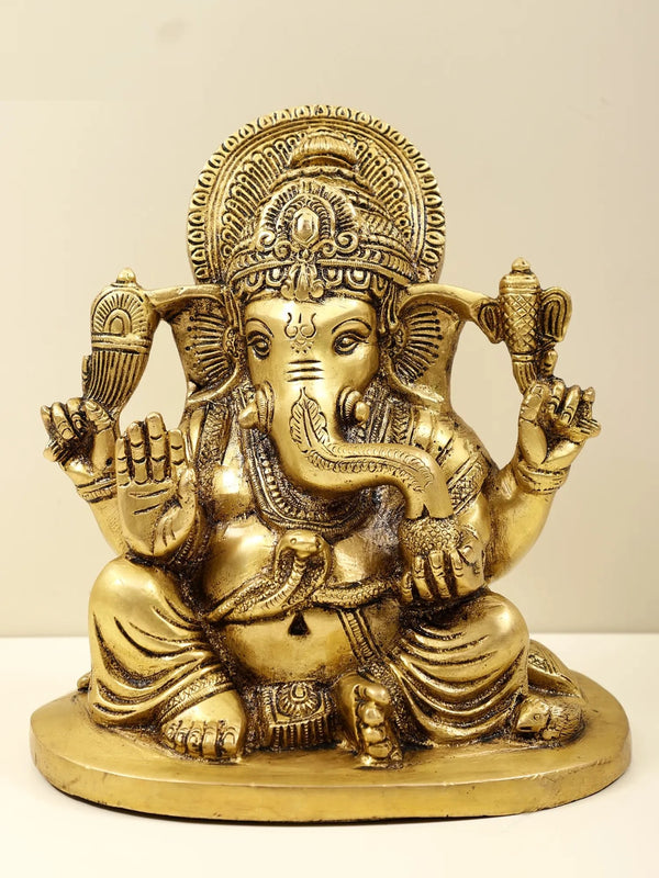 Brass Lord Ganesha Granting Abhaya | Handmade'' 6 inches Mandir Setting