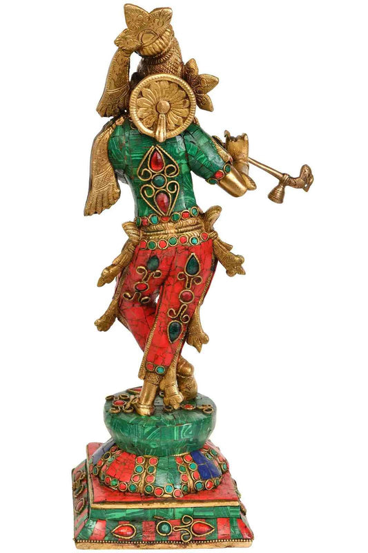 Brass Statue of Lord Krishna Playing the Flute 14 Inches
