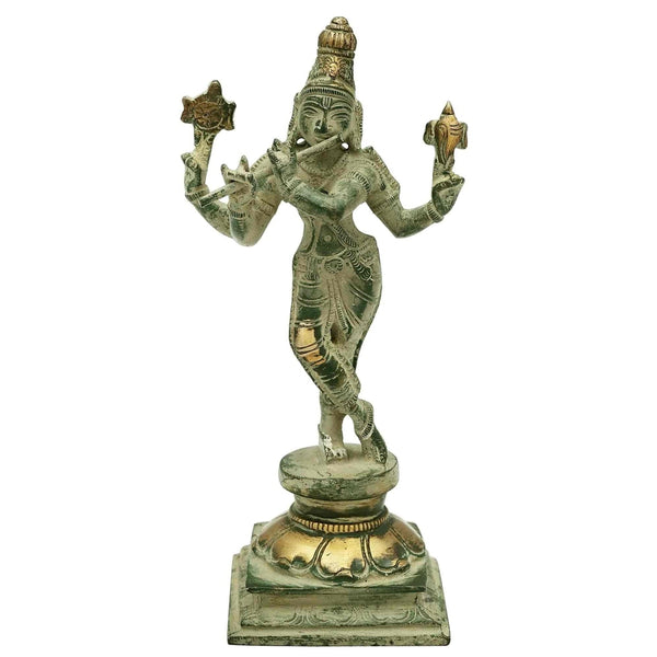 Handmade Patina Gold Brass Lord Murli Krishna Statue 7.2 INCHES Mandir Setting