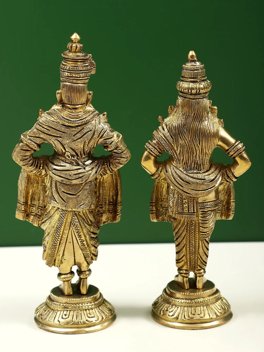 Brass Statue of Lord Vitthal and Goddess Rukmini on Pedestal 8 inches Craft Detail