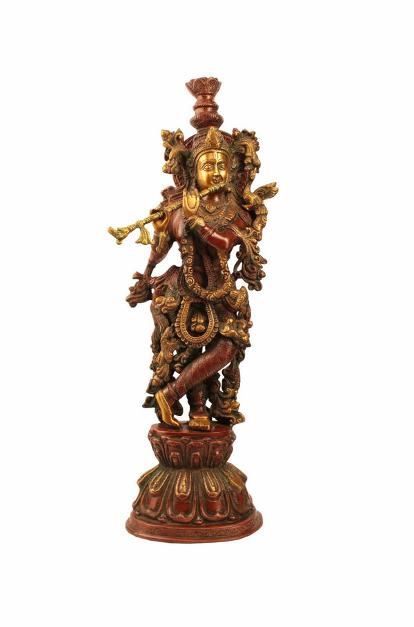 Brass Statue of Fluting Krishna 23 Inches Mandir Setting