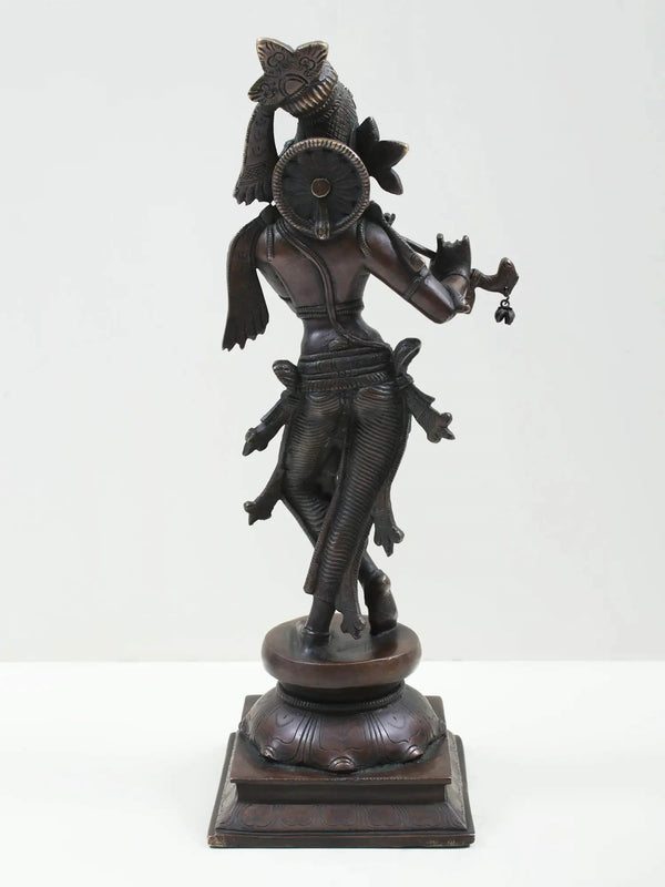 Indian Cocoa Brass Statue of Standing Lord Krishna Playing the Flute 14 inches Study Setting