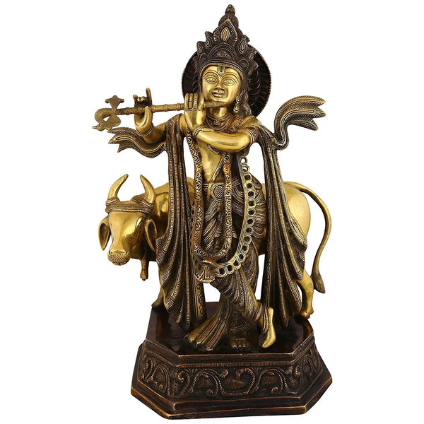 Handmade Brass Sculpture of Krishna Luxuriantly Draped, Accompanied by His Companion, the Cow 20 Inches Mandir Setting