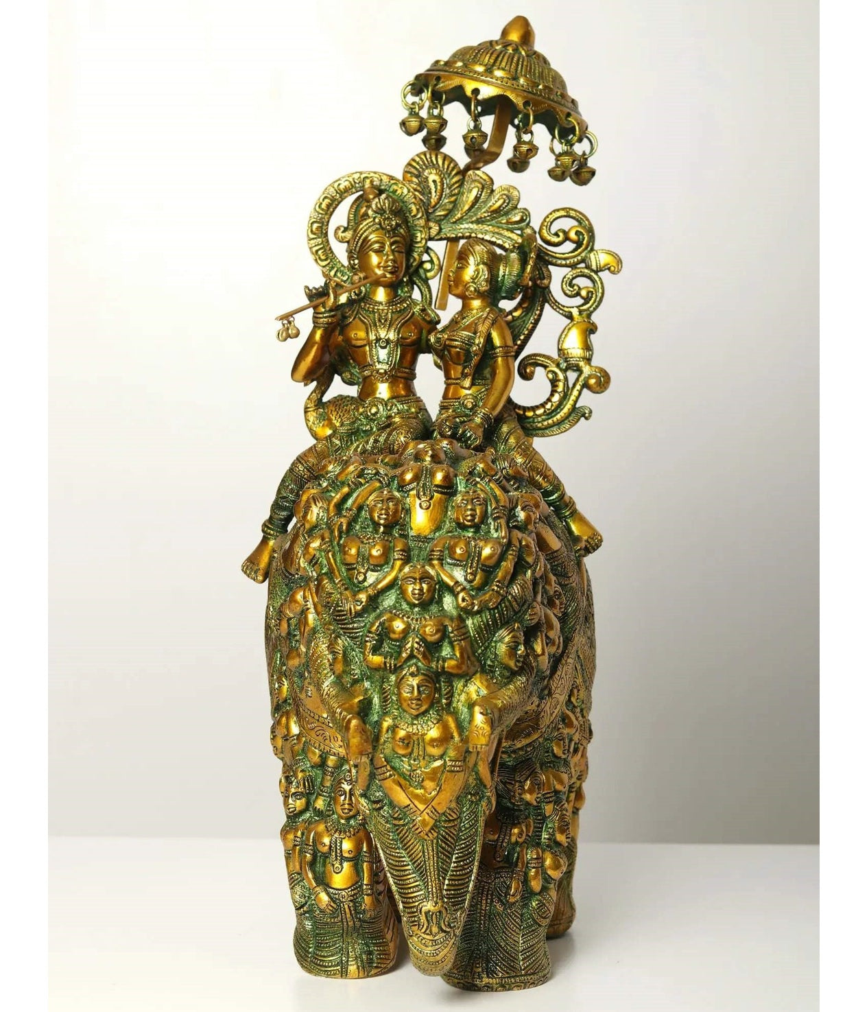 Handmade Greenish Gold Brass Statue of Radha and Krishna Riding on an Elephant 23 inches