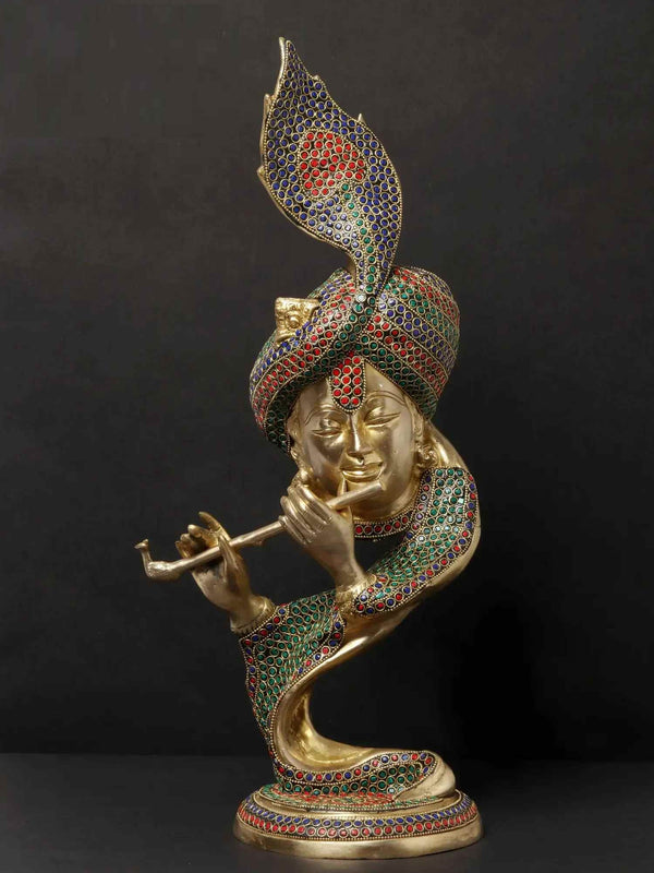 Modern Art Brass Statue of Krishna with Stylized Design and Inlay Work 20 Inches Mandir Setting