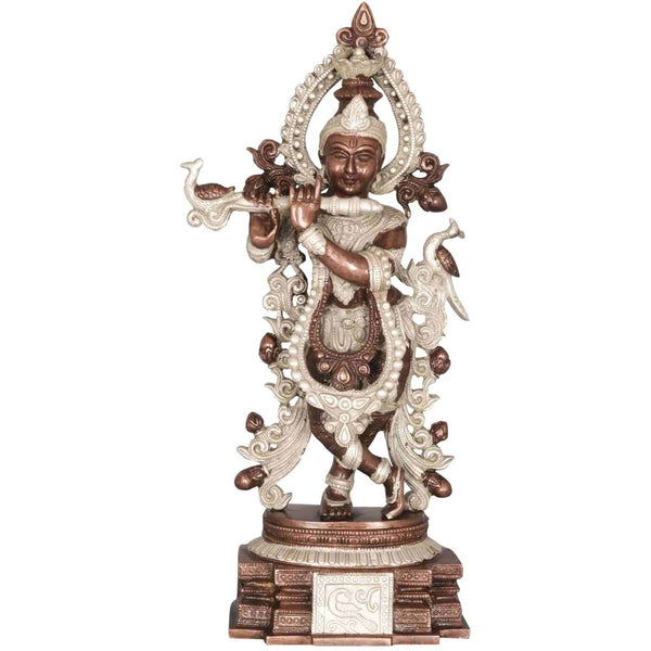 Handmade silver Brass Statue of Krishna Playing a Divine Flute 15 Inches Mandir Setting
