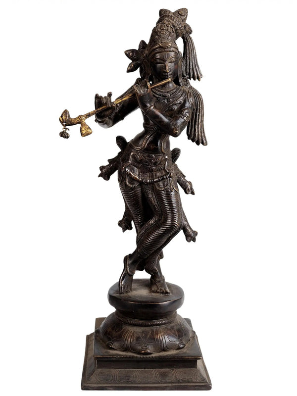 Handmade Brass Statue of Lord Krishna 14.5 Inches Mandir Setting