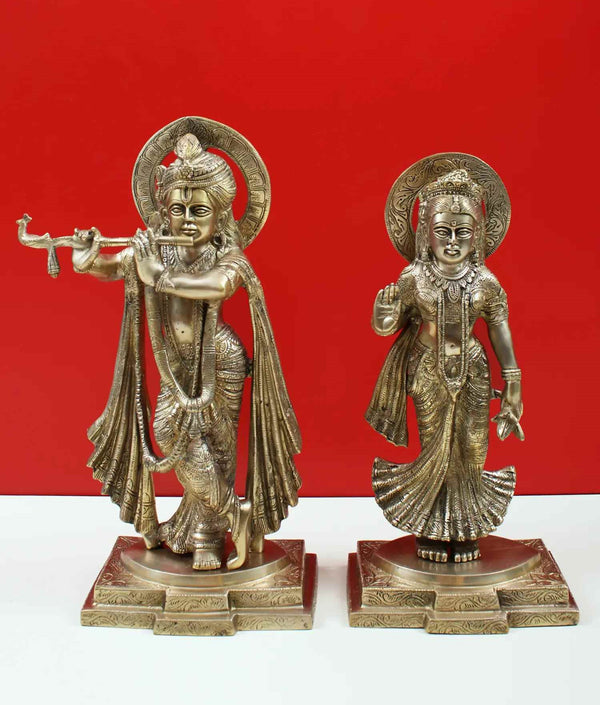 Brass Statue of Standing Radha and Krishna 15 inches Mandir Setting