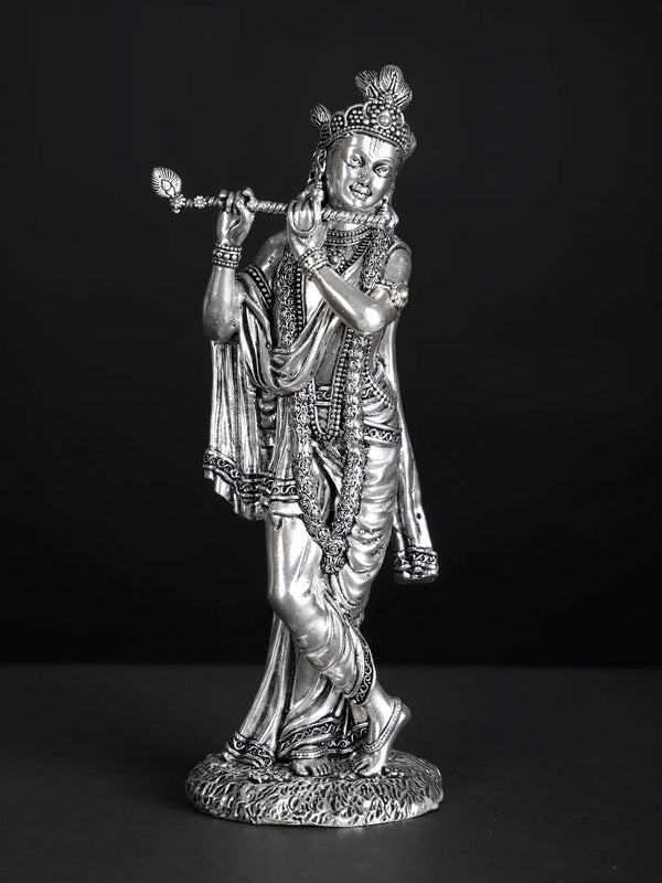 Silver-Plated Brass Statue of Lord Krishna Playing the Flute 7 inches Mandir Setting