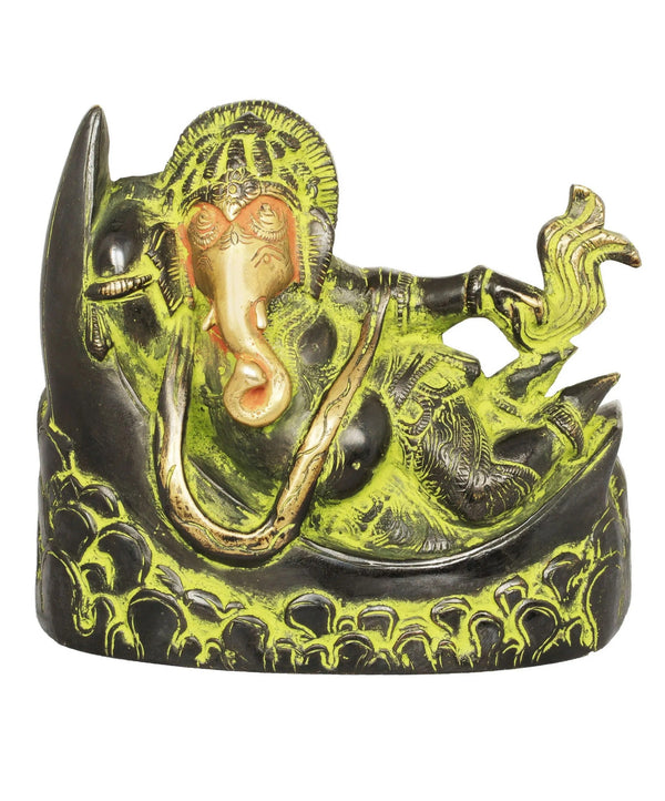Brass Black green god Idol of Ganesha Relaxing on a Crescent Moon 4 inches Mandir Setting