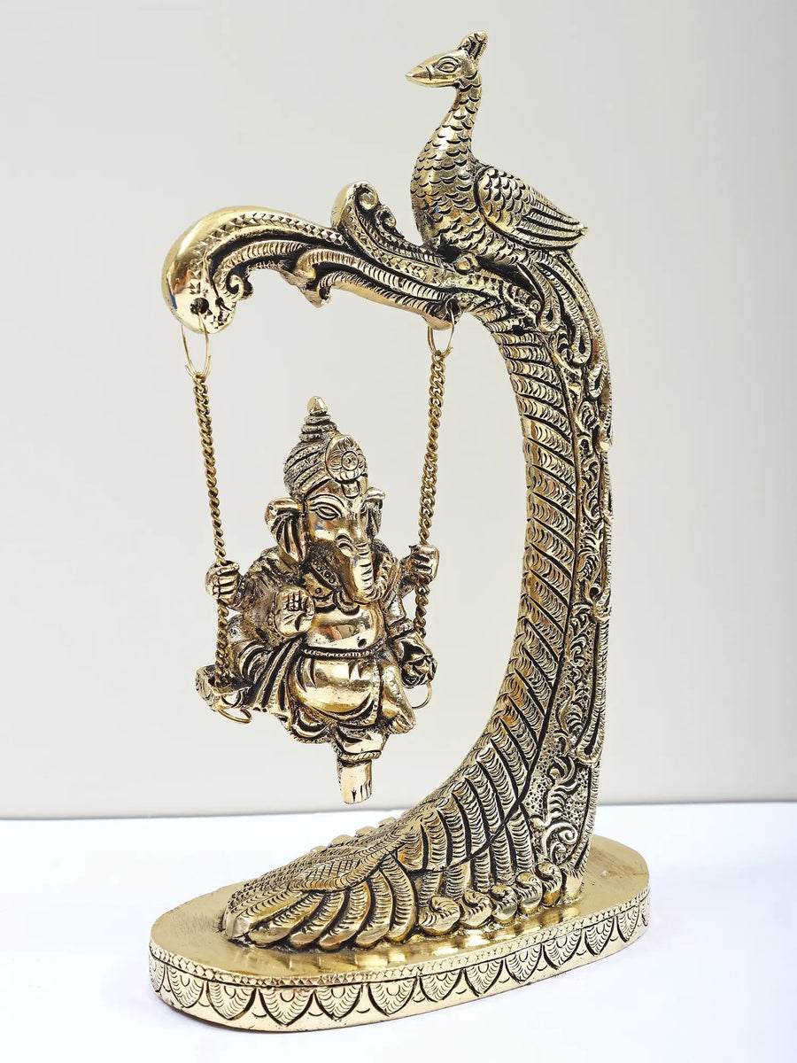 Brass Lord Ganesha on a Peacock-Design Swing 9 inches Craft Detail
