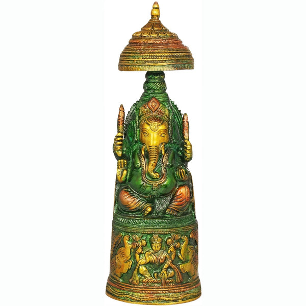 Brass Amazing henna touch King Ganesha with Lakshmi Ji Carved on Pedestal 10 inches Mandir Setting