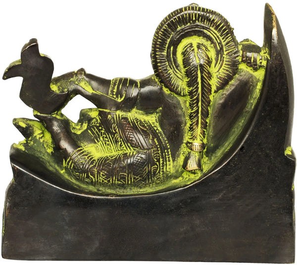 Brass Black green god Idol of Ganesha Relaxing on a Crescent Moon 4 inches Study Setting