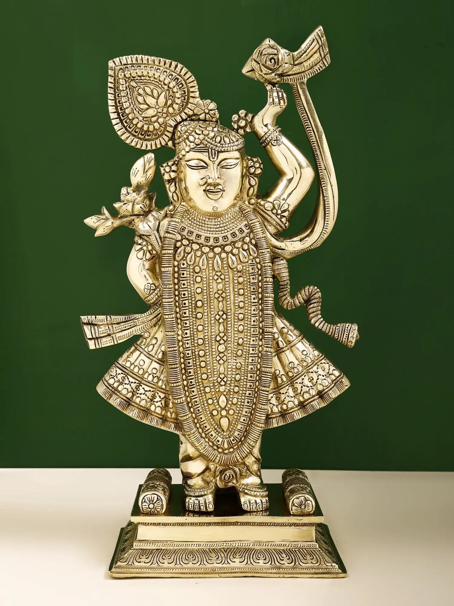 Natural Brass Sculpture of Shri Krishna as Shrinath Ji (Height: 18 Inches)