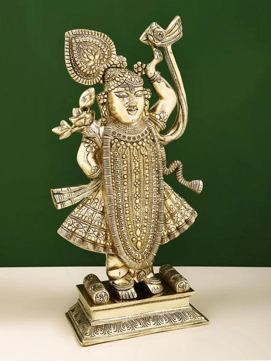 Natural Brass Sculpture of Shri Krishna as Shrinath Ji (Height: 18 Inches)