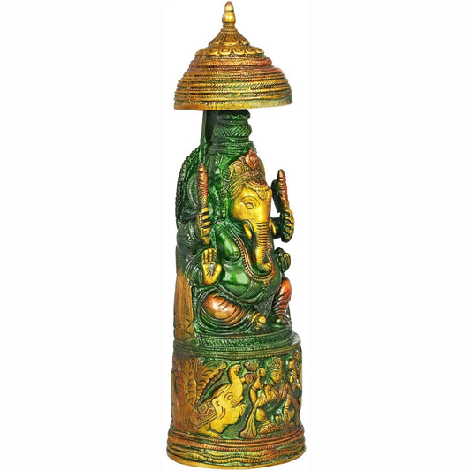 Brass Amazing henna touch King Ganesha with Lakshmi Ji Carved on Pedestal 10 inches