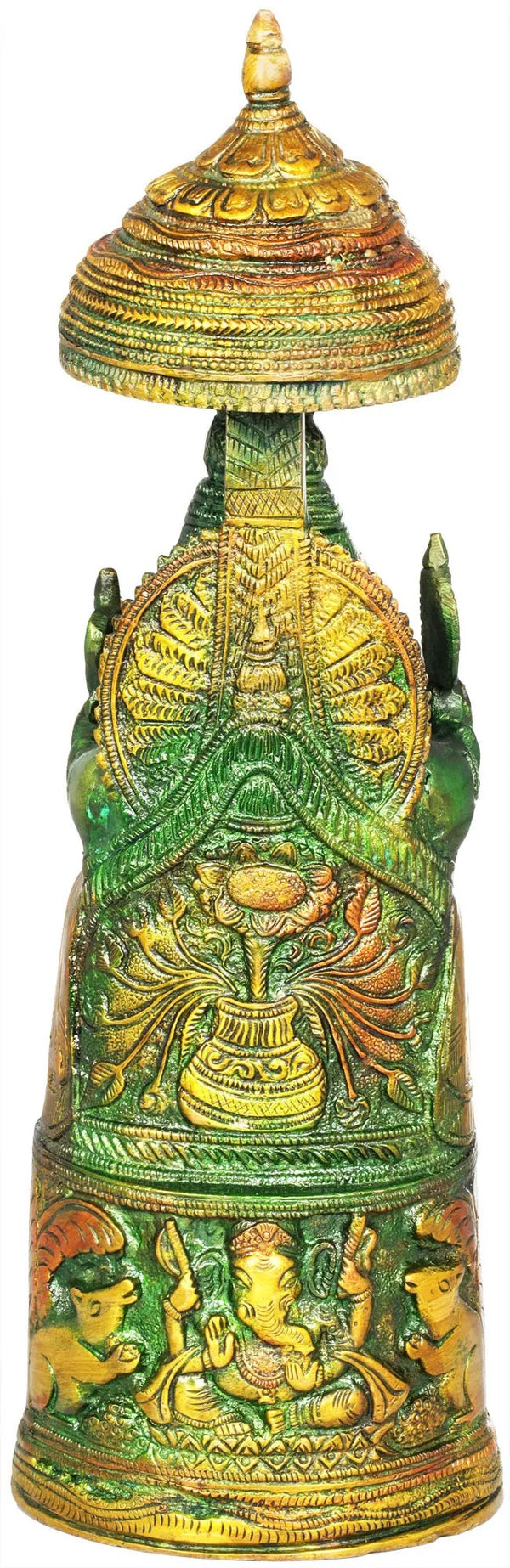 Brass Amazing henna touch King Ganesha with Lakshmi Ji Carved on Pedestal 10 inches Study Setting
