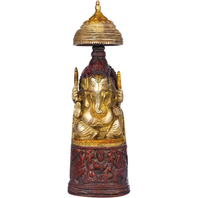 Brass Red Gold King Ganesha with Lakshmi Ji Carved on Pedestal 10 inches