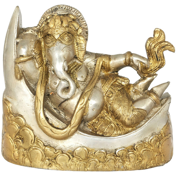 Brass silver gold Idol of Ganesha Relaxing on a Crescent Moon 4 inches Mandir Setting