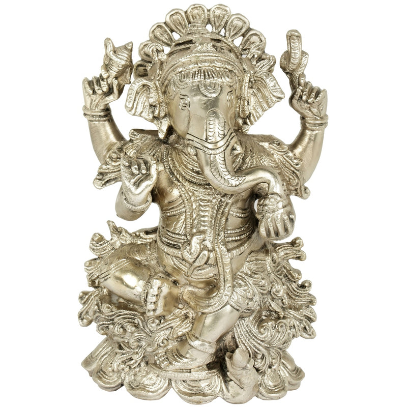 Brass Silver Statue of Ganesha Seated on a Lotus 7 inches