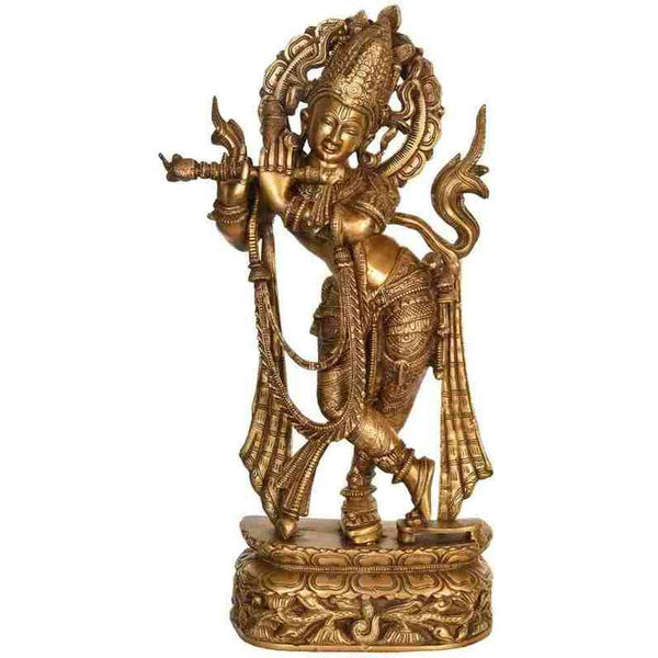 Handmade natural Brass Statue of Venugopala (Flute-Playing Krishna) Wearing Khadau 22 INCHES Mandir Setting