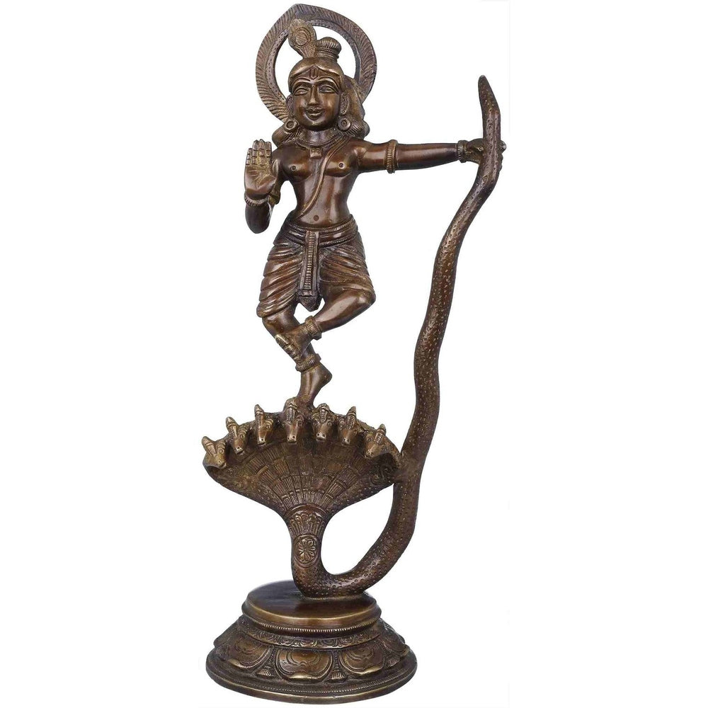 Brown chala Brass Statue Depicting Kaliya Vijaya Lila of Shri Krishna 13 inches