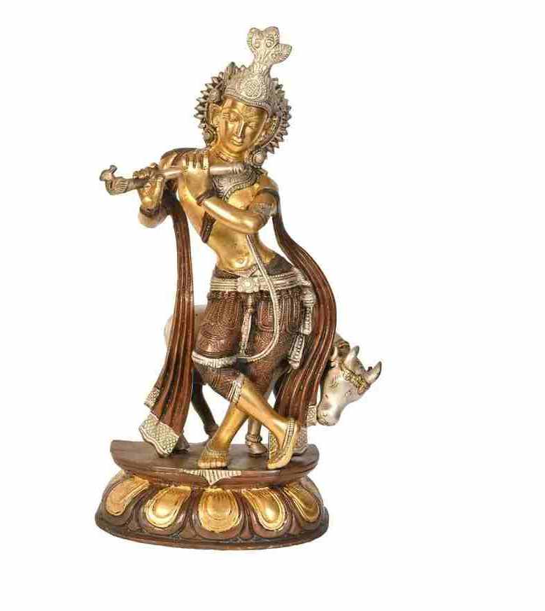 Brown Silver Gold Brass Sculpture of Krishna with Cow 13 inches
