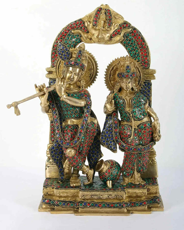 Brass Statue of Radha Krishna with Milk Pot featuring Inlay Work 14 inches Mandir Setting