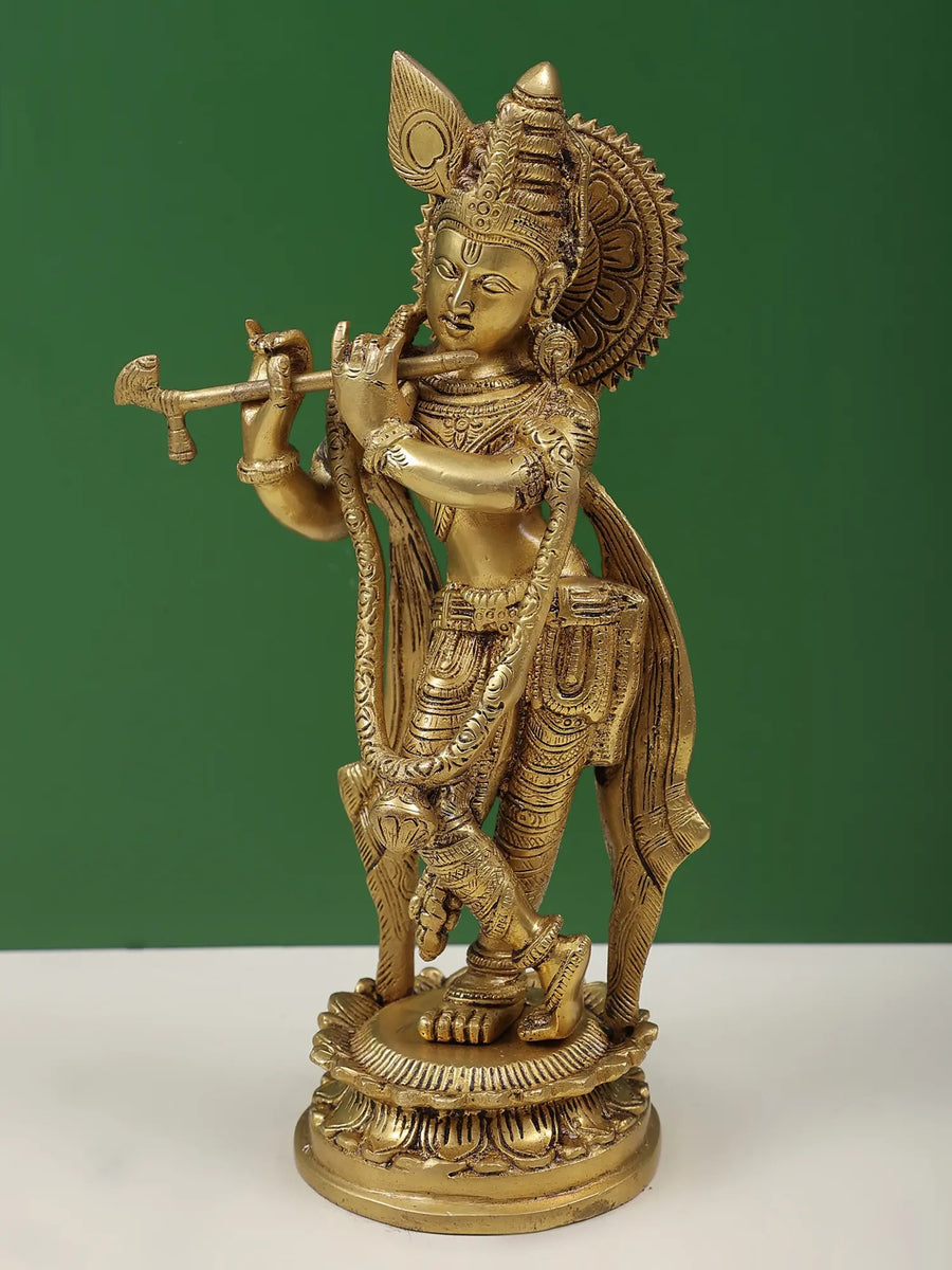 Handcrafted Brass Sculpture of Murlidhar Krishna 11 inches Craft Detail