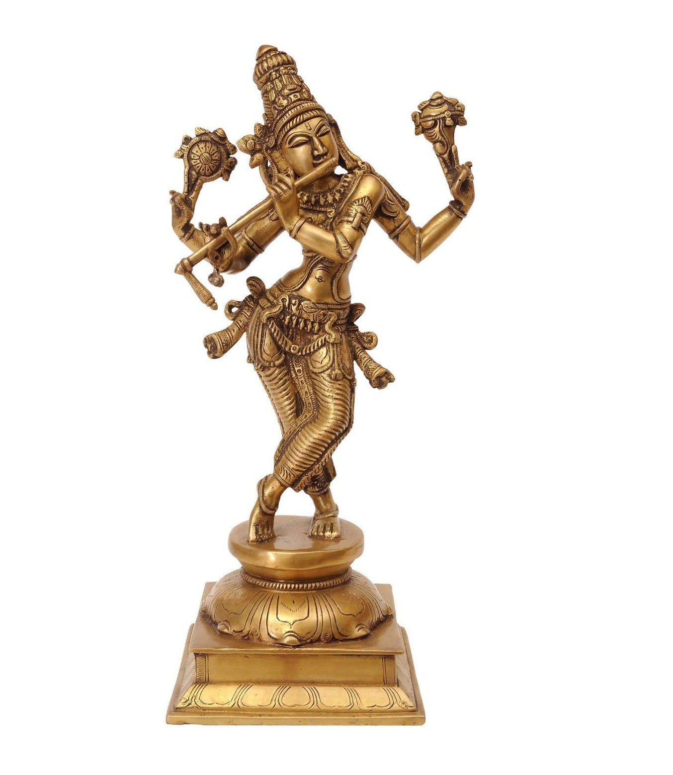 Handmade Natural Brass Statue Depicting Lord Krishna's Cosmic Form, the Eighth Incarnation of Vishnu 14 inches