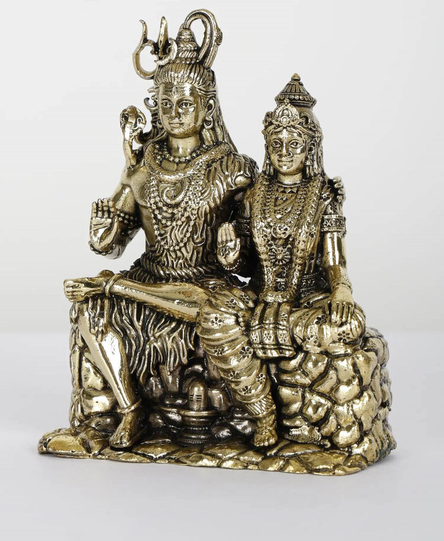 Small Superfine Shiva Parvati Brass Statue Seated in Blessing Gesture 3.5 inches Craft Detail