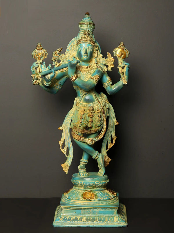 Patina gold Brass Statue of Lord Krishna as Vishnu Avatar 21 Inches Mandir Setting