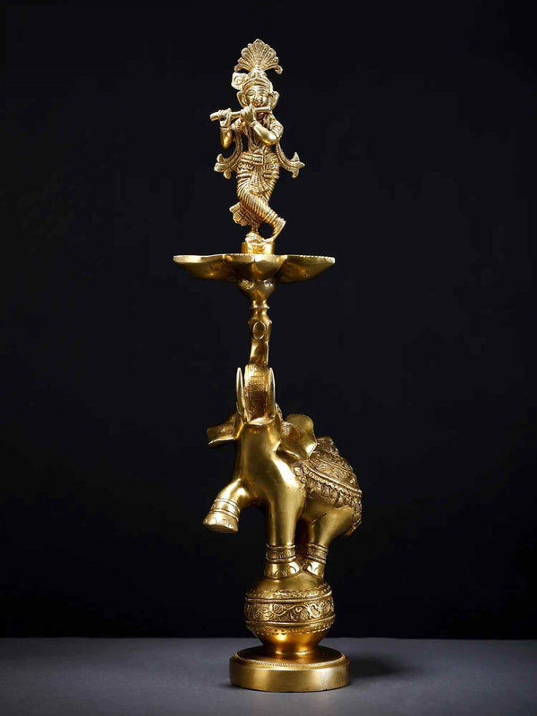 Brass Lamp of Fluting Krishna with Five Wicks on Elephant 17 Inches Mandir Setting