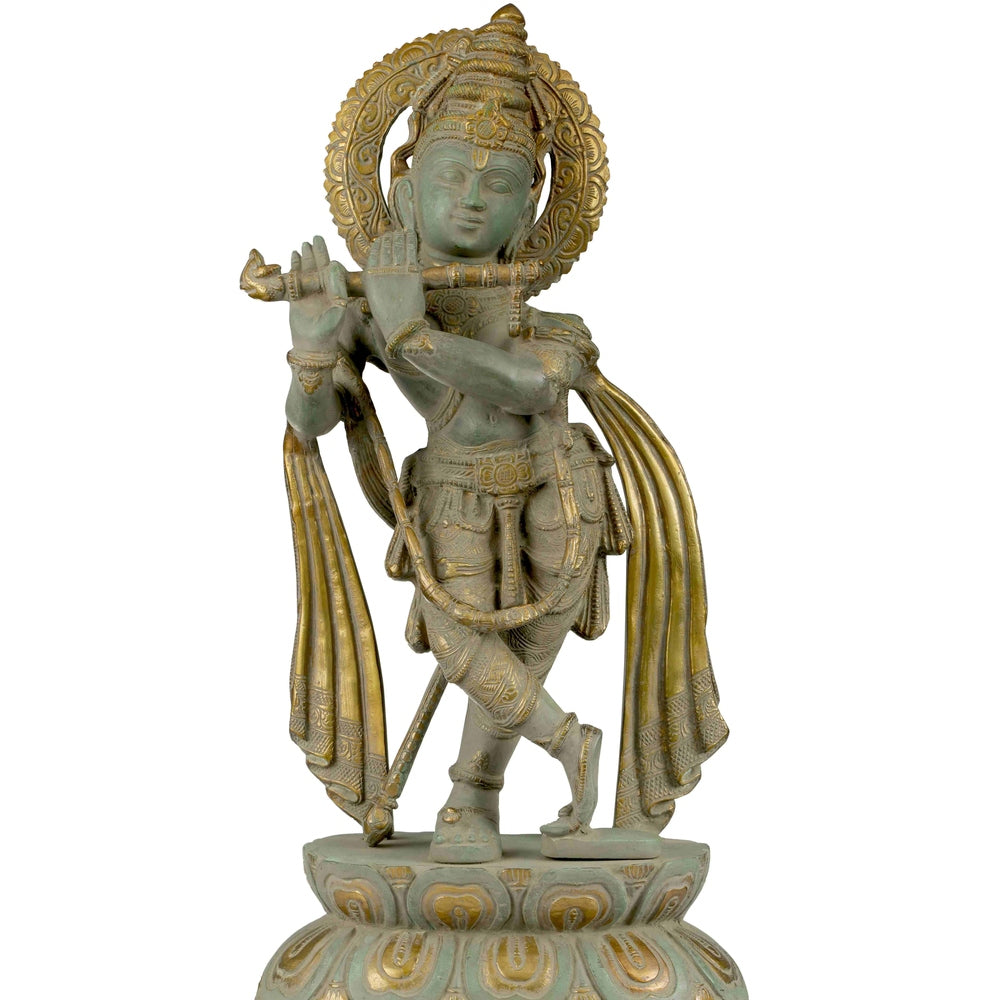 Handmade Brass Statue of Long-Plaited Lord Krishna 19 Inches