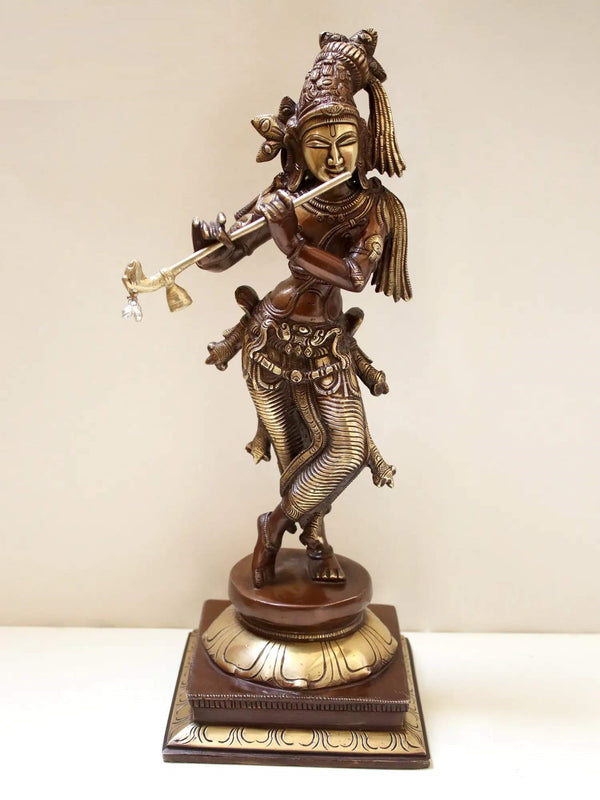 Brown with natural Brass Statue of Standing Lord Krishna Playing the Flute 14 inches Mandir Setting