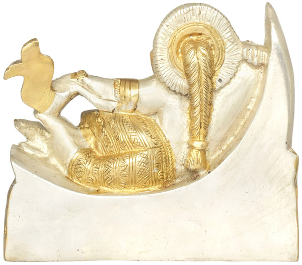Brass silver gold Idol of Ganesha Relaxing on a Crescent Moon 4 inches Study Setting