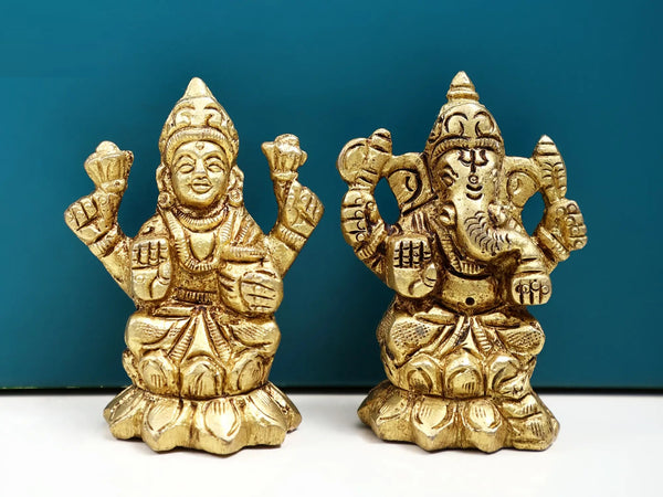 Brass statue featuring small depictions of Lord Ganesha and Goddess Lakshmi 2 Inches Mandir Setting