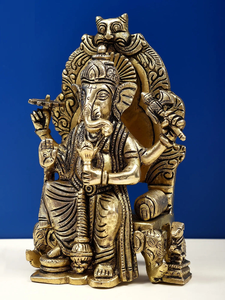 Brass Sculpture of Enthroned Ganesha 6 inches Craft Detail