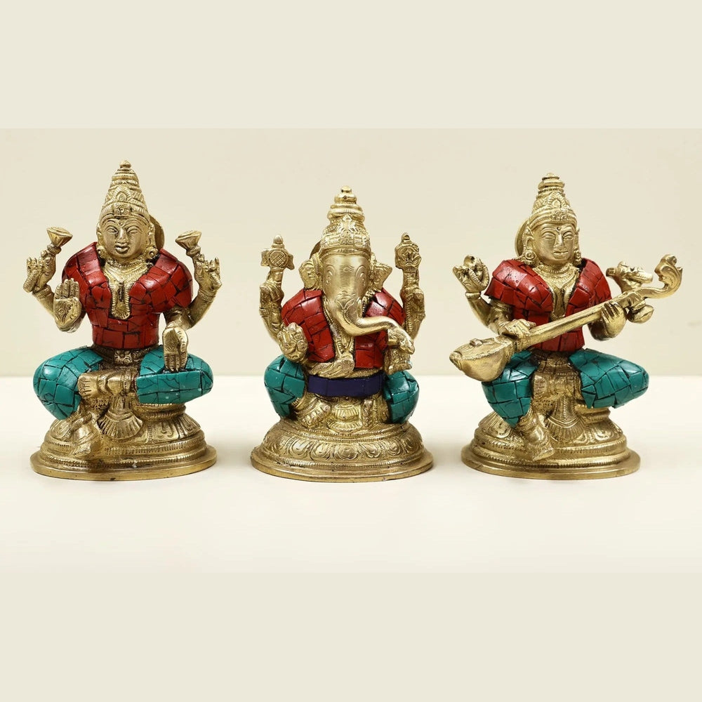 Small Brass Idol of Lakshmi, Ganesha, and Saraswati with Blessing Pose and Inlay Work 4 inches
