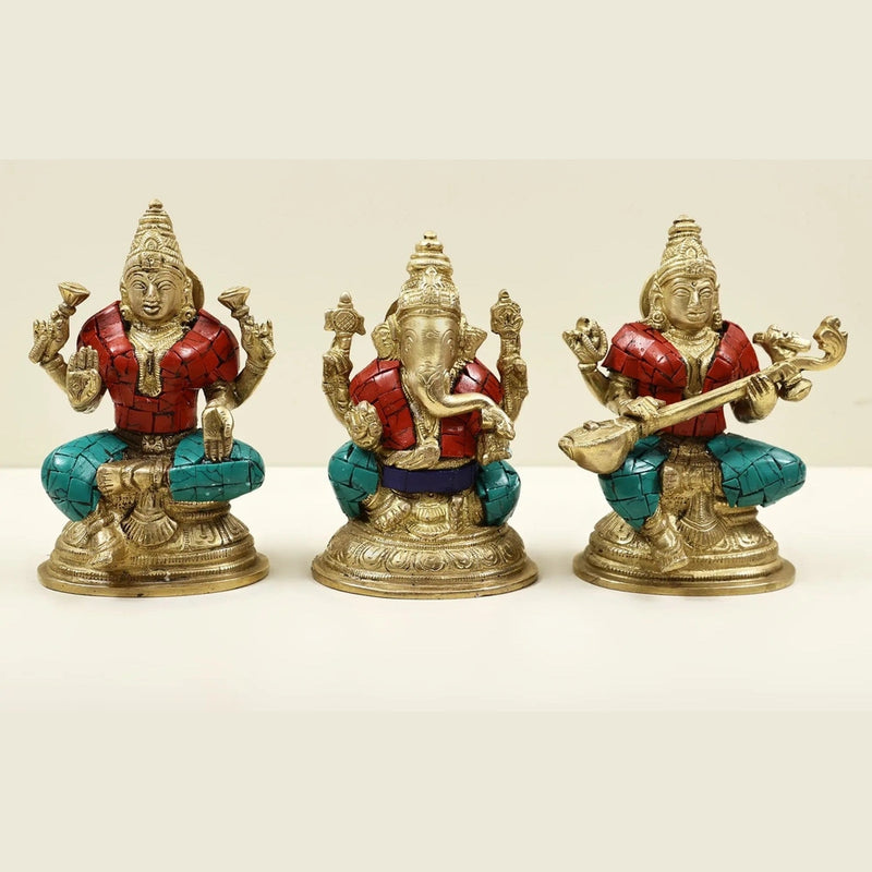 Small Brass Idol of Lakshmi, Ganesha, and Saraswati with Blessing Pose and Inlay Work 4 inches