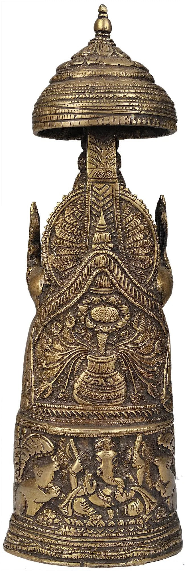 Polish Brass King Ganesha with Lakshmi Ji Carved on Pedestal 10 inches Craft Detail