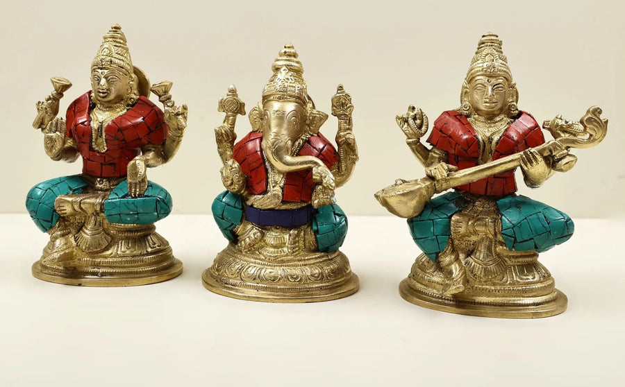 Small Brass Idol of Lakshmi, Ganesha, and Saraswati with Blessing Pose and Inlay Work 4 inches Craft Detail