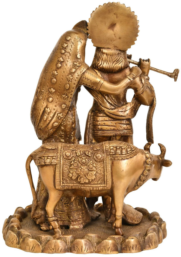 Brass Radha Krishna Idol with Cow 10 inches Entryway Setting