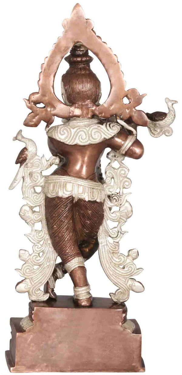 Handmade silver Brass Statue of Krishna Playing a Divine Flute 15 Inches Study Setting
