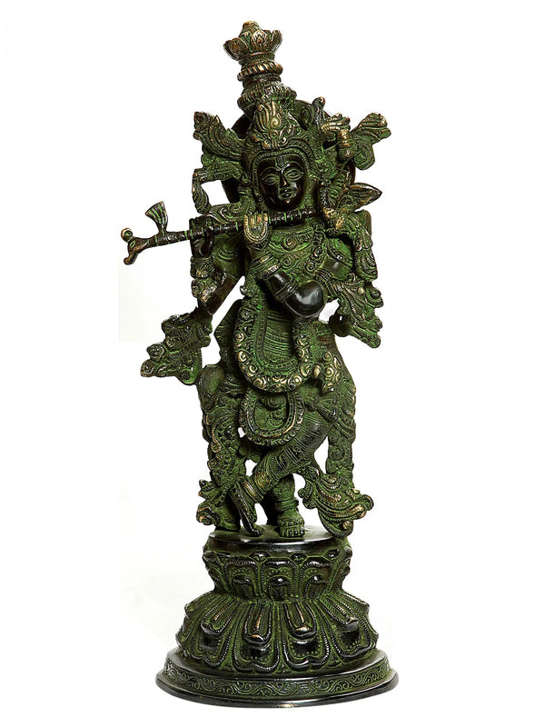 Handmade Brass Statue of Fluting Krishna 15 Inches Mandir Setting