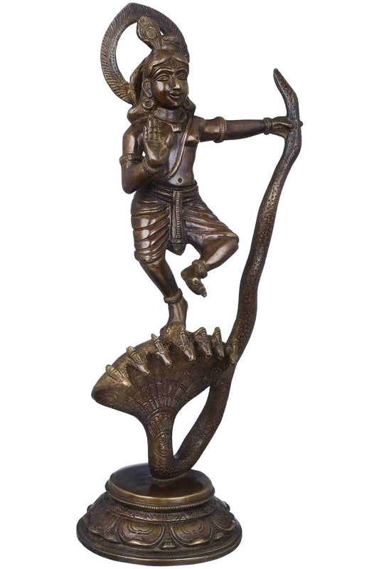 Brown chala Brass Statue Depicting Kaliya Vijaya Lila of Shri Krishna 13 inches