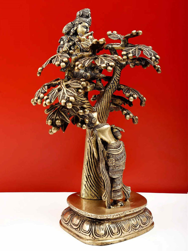 natural brass Krishna on a Tree with Radha Standing Beneath 12.5 cm Entryway Setting