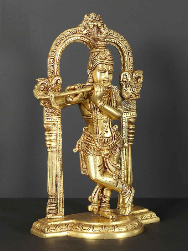 Brass Statue of Tribhanga Murari (Krishna) Playing Flute with Kirtimukha Arch 13 Inches Entryway Setting